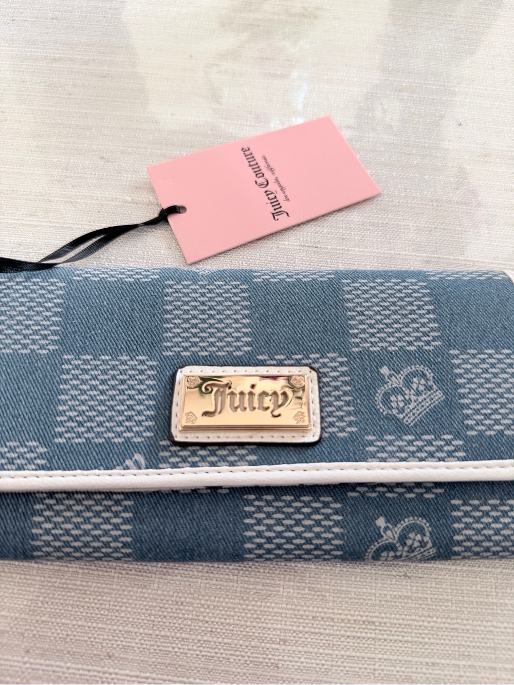 Juicy Couture Blue Denim Check Clutch Wallet with White Trim - Picture 5 of 8